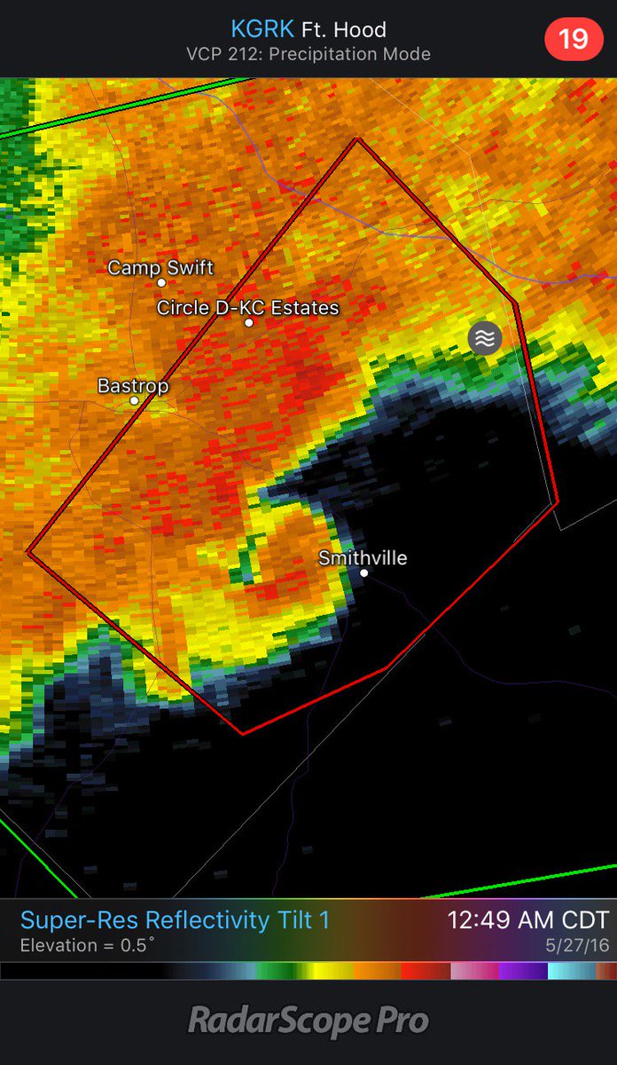 thestormreel's tweet image. Radar indicated tornado near Smithville, TX at 12:50am CDT