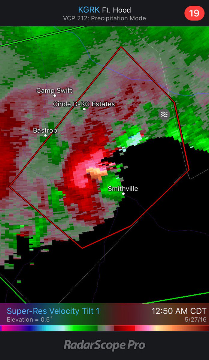 thestormreel's tweet image. Radar indicated tornado near Smithville, TX at 12:50am CDT