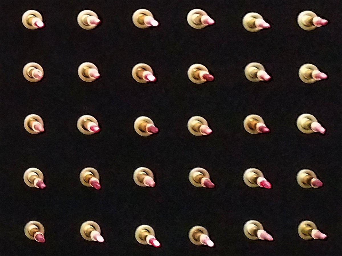 post_artist's tweet photo. Lu I-Chung Incantation 1997 (copper rings, lipstick, velvet, wood panel) https://t.co/R2kIgC64NL