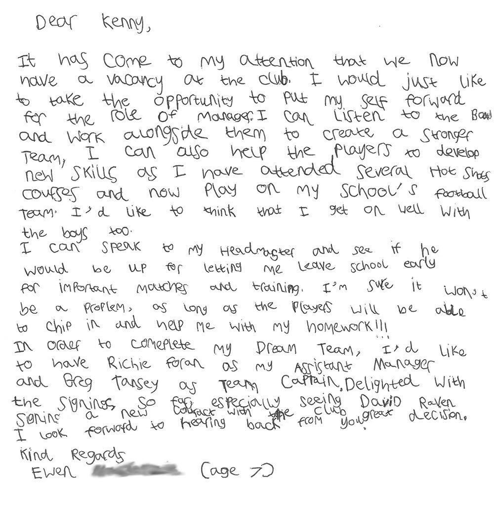 JamesMelville's tweet photo. A 7 year old boy applies for the manager's job at Inverness Caledonian Thistle. 
Brilliant letter.
Give him the job! https://t.co/vTwxSajcdE