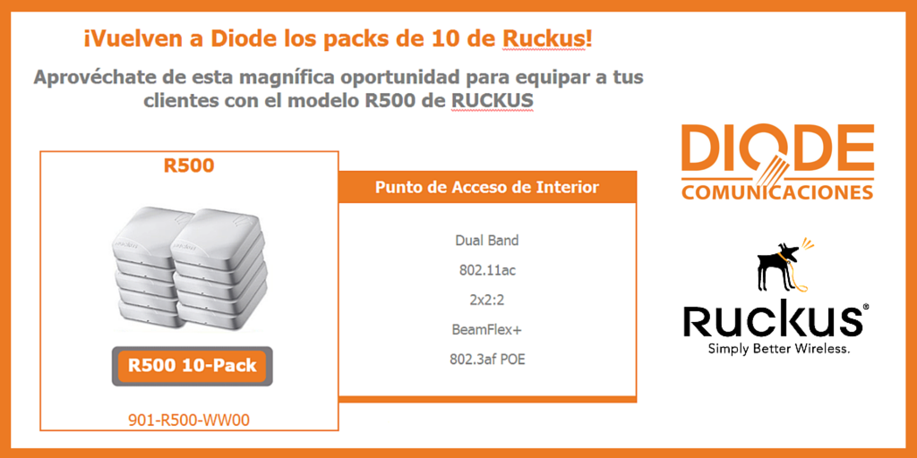 DIODE_COM's tweet image. ¡Vuelven los packs de 10 de @Ruckus_ES! Si quieres saber más de esta promoción escríbenos a comunicaciones@diode.es