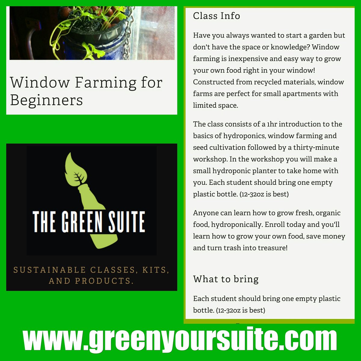 We're excited to have <a href="/TheGreenSuite/">The Green Suite</a> bring #WindowFarming to #EckhartPark Sat 6/18 @ 12p $15 tinyurl.com/zolj3vf