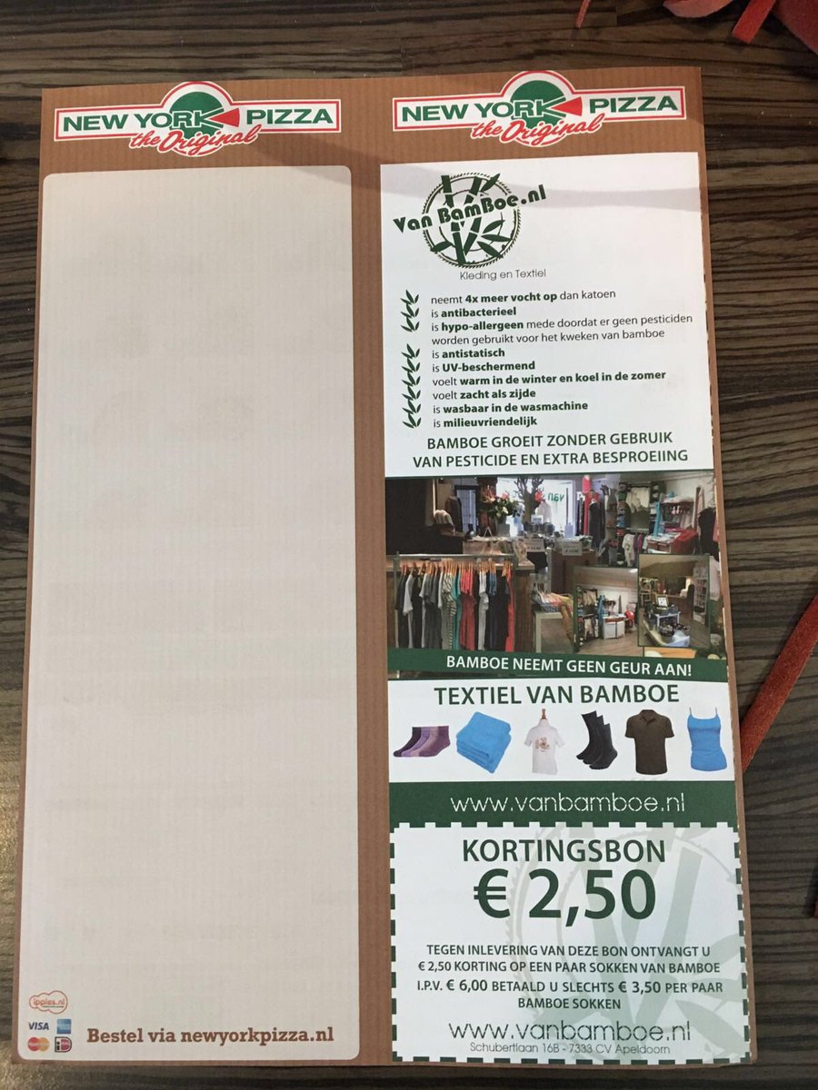 vanbamboe's tweet image. Van Bamboe vanaf vandaag op de bon! Goede samenwerking met #Newyorkpizzaapeldoorn