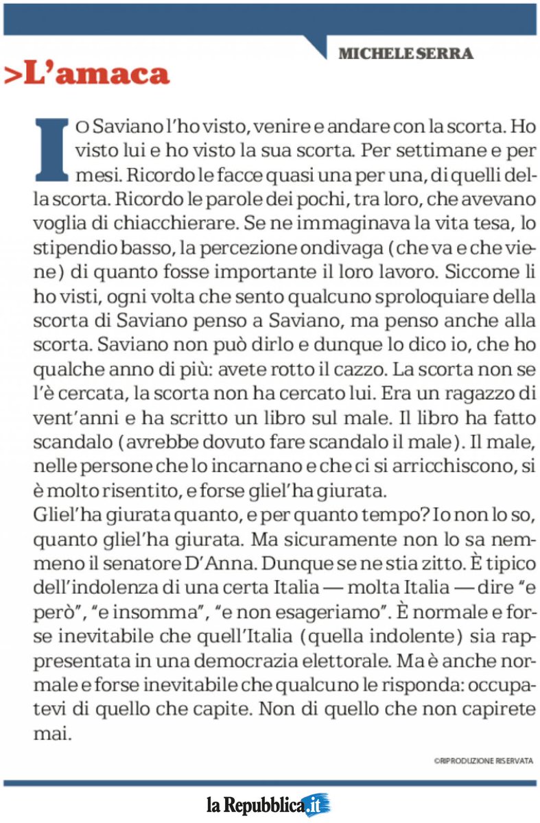 repubblica's tweet photo. "Ecco cosa penso ogni volta che qualcuno sproloquia sulla scorta di @robertosaviano". L'Amaca di MICHELE SERRA https://t.co/br9pmKA1M0