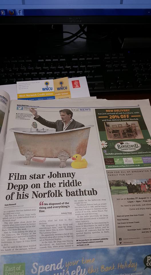 InfoWNCU's tweet photo. Looking through this mornings @EDP24 and seeing Johnny Depp in the bath tub. Happy days #gottaloveNorwich https://t.co/r2zLZgACPN