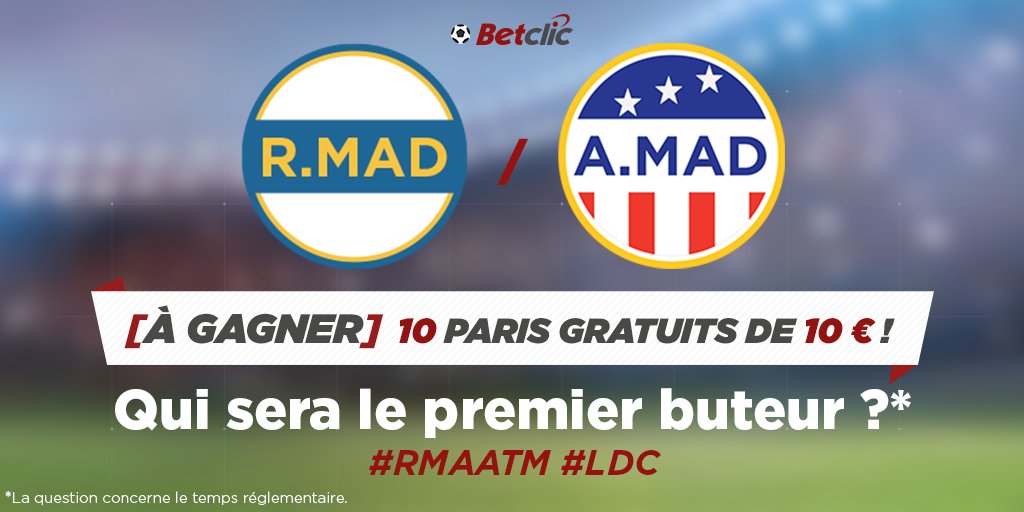 Betclic's tweet photo. Qui sera le premier buteur de #RMAATM ? 20 #FreeBet de 5€ à gagner ! 
1) RT &amp; Follow
2) Votre réponse + #Betclic https://t.co/zNjIe5C47b