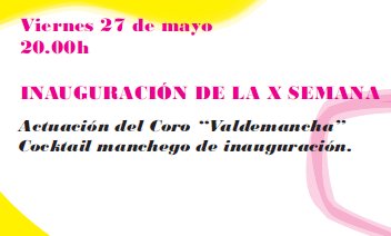 Hoy a las 20h, inauguración de la #XSemanaCultural de <a href="/CManchaValde/">Casa Castilla la Mancha de Valdemoro</a>.