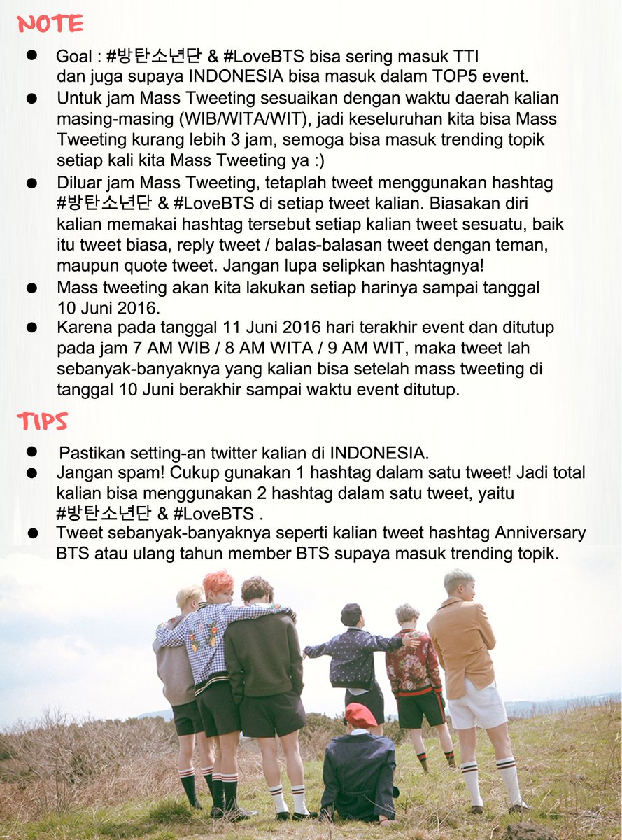 BTS_INDONESIA's tweet photo. 📢 INDONESIA ARMY MASS TWEETING❗️

Yuk join &amp; share, supaya Indonesia masuk TOP 5 🙏😇

*update 27/6/15
#방탄소년단 #LoveBTS https://t.co/jz0gkUMnWW