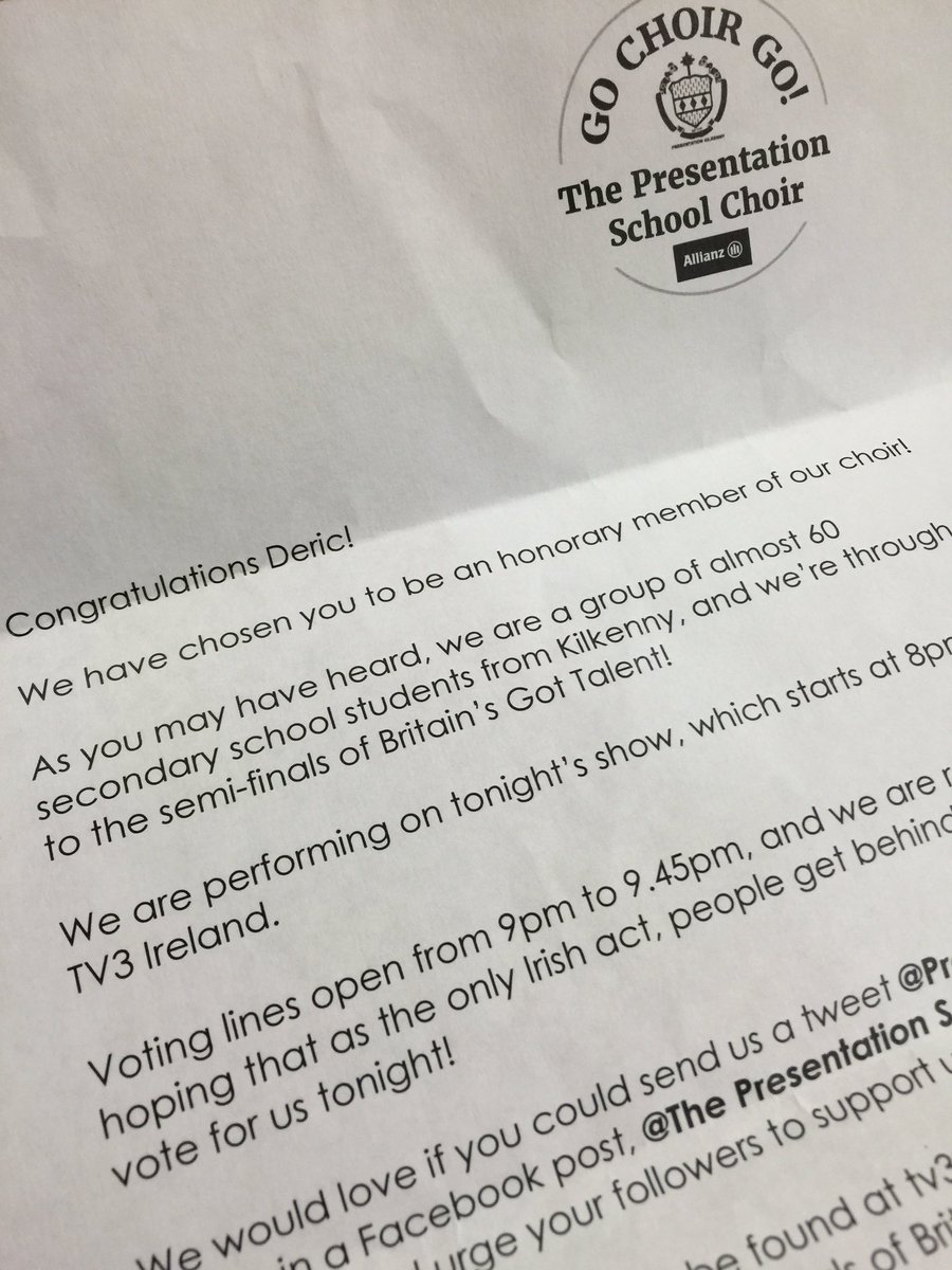 Thanks for the top <a href="/PresChoirKK/">Pres Choir Kilkenny</a> doing us proud on <a href="/BGT/">BGT</a> &amp; we'll see you Monday on @IrelandAMTV3 for sing song😉☘🇮🇪