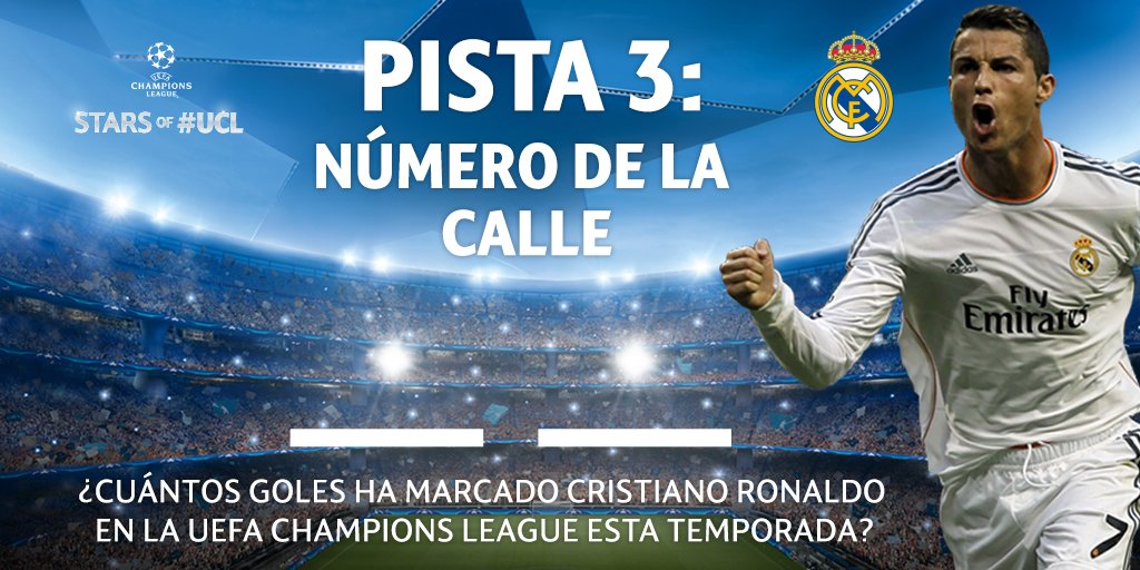 LigadeCampeones's tweet photo. #BotasUCL 
Pista 3: El número de la calle es el número de goles que ha marcado Ronaldo en la #UCL esta temporada. https://t.co/80CcN9maXZ