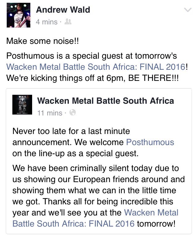 Get to the SA Wacken battle final early to loosen up your neck muscles with us \m/ <a href="/Wacken/">Wacken Open Air</a>