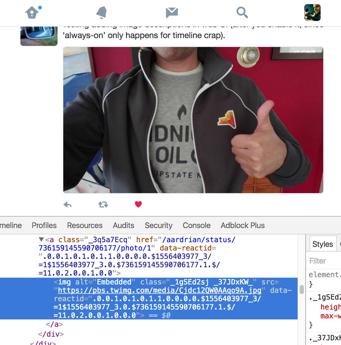 Screenshot of inspected code missing alt attribute