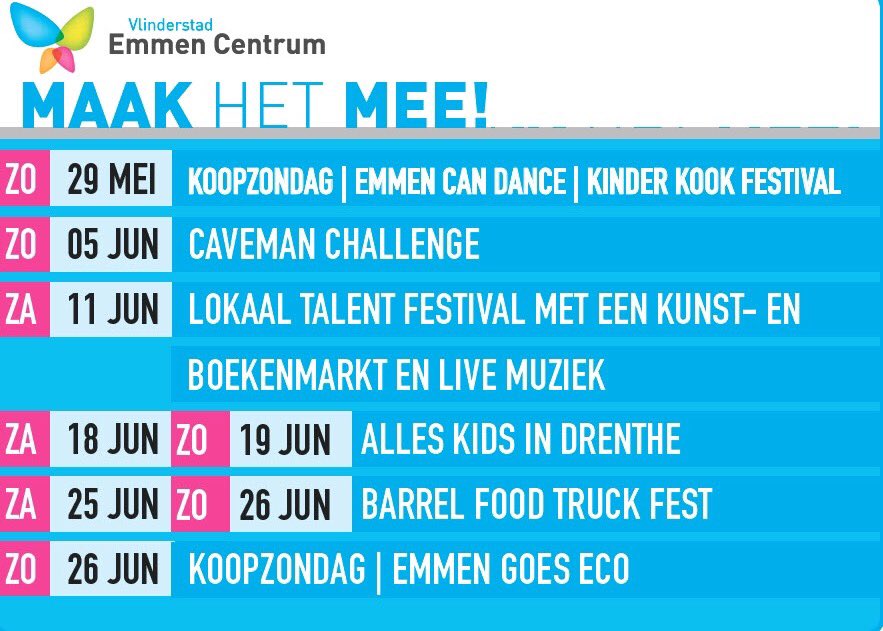 Agenda #emmen mei/juni. <a href="/emmenmaakhetmee/">Emmen. Maak het mee!</a> <a href="/uitinmm/">uitinemmen</a> <a href="/kinderkookfest/">Kinderkookfestival</a> <a href="/KidsDrenthe/">AllesKidsinDrenthe</a> <a href="/vangoedegrond/">Van Goede Grond</a> <a href="/DeKunstbeweging/">De Kunstbeweging</a>