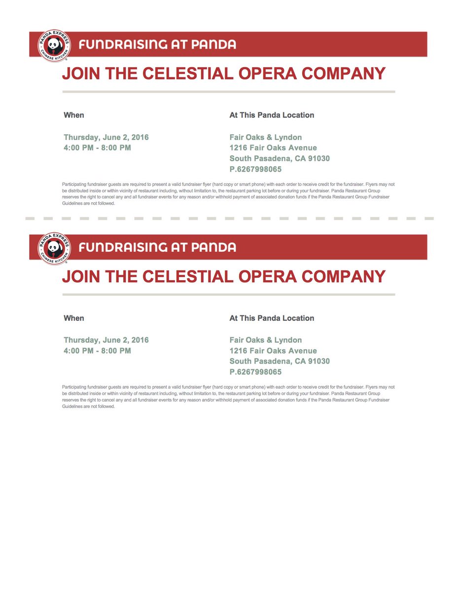 CelestialOpera's tweet image. Panda Express on Thursday, June 2nd, 4 to 8 PM at 1216 Fair Oaks Avenue in S. Pas to raise funds ! Show this flyer!