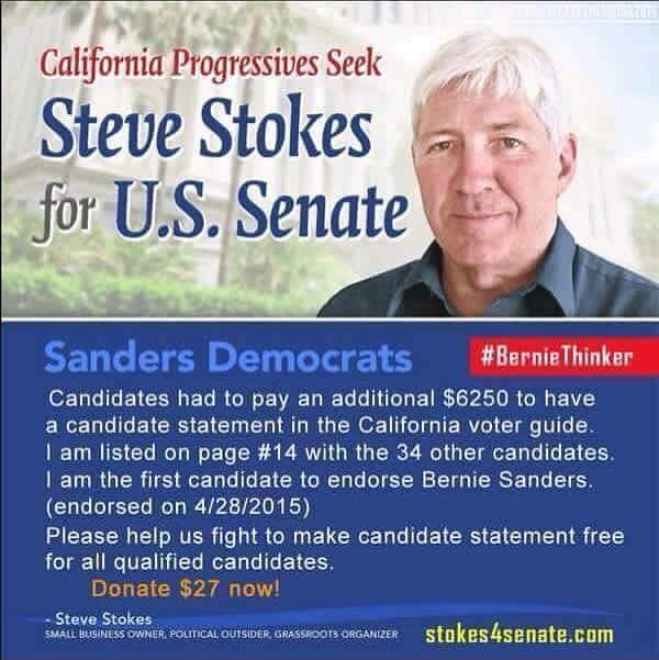 BayArea4Bernie's tweet photo. Vote for @stokes4senate Steve Stokes for US Senate #BernieThinker #Berniecrats #politicalrevolution #caprimary #futโฆ https://t.co/mkUkR9bHDC