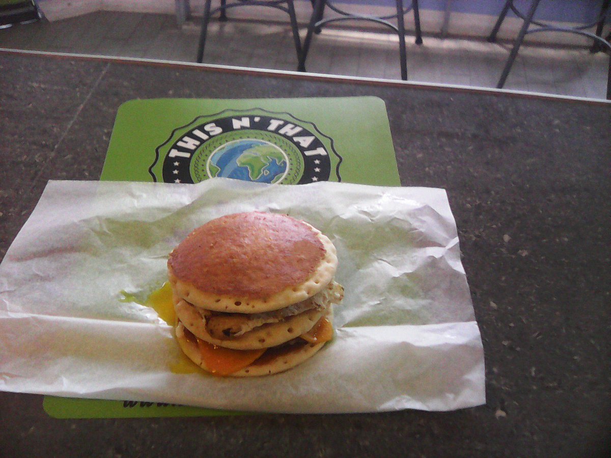 Good breakfast anytime!
This n that eats grittle.
Three pancakes,choice of meat,cheese,and eggs served fresh.