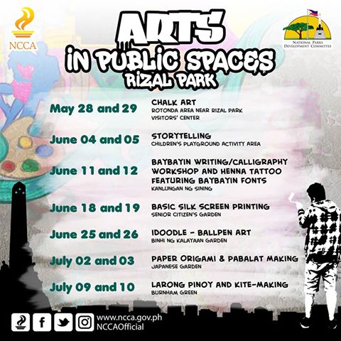 NCCAOfficial's tweet photo. #ArtsyWeekends at Rizal Park starts today! Join us in the #ArtsInPublicSpaces at 3pm #itsmorefuninthephilippines 😊 https://t.co/g1h2EqhVKL