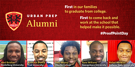 TimKing's tweet photo. Graduate @UrbanPrep. Check. Graduate college. Check. Return to UP to help others do the same. Check. #ProofPointDay https://t.co/GHtEYPRo2Z
