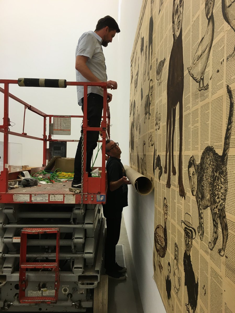 RennieCollect's tweet photo. We are rolling up 'Animal Farm' by #TimRollins and KOS today. Next week, we will bid adieu to Baldessari's camel! https://t.co/nxB5Q7Cmlo