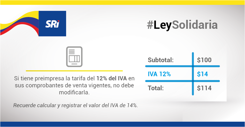 SRIoficialEc's tweet photo. Si tiene comprobantes de venta con 12% no necesita imprimir nuevos. Calcule y reemplace manualmente la nueva tarifa https://t.co/fD5wHgkNt7