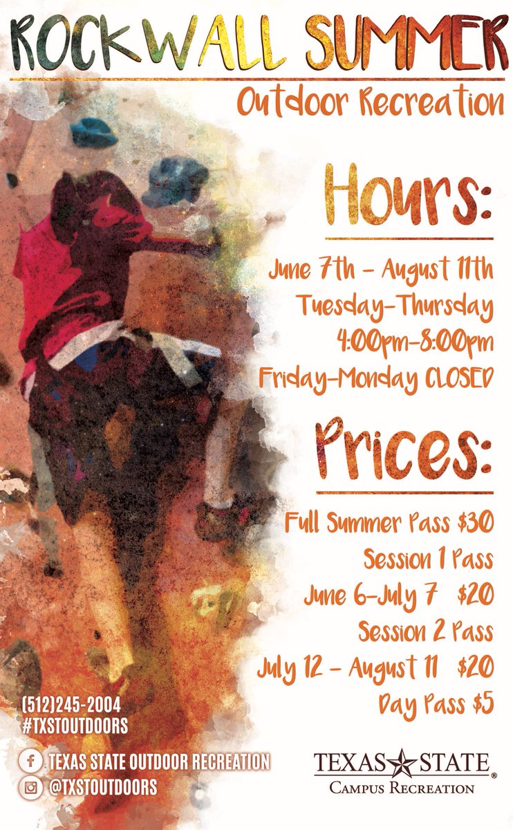 #climb with <a href="/TXSToutdoors/">Txst Outdoor Center</a> on June 7 to celebrate #Rockwall #summer hours #findyourfit