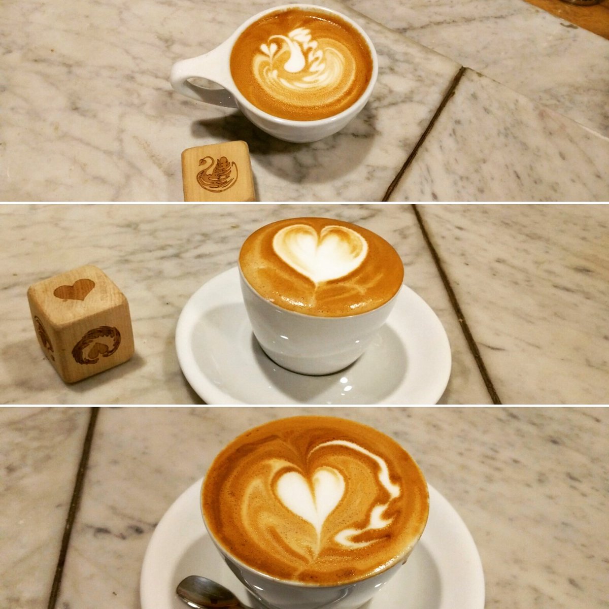 Three photos. First, a latte with foam art similar to the face showing on the die next to it, specifically a swan-like shape. Second, a cappuccino with foam art representing a heart, matching the die next to it. Third, a cappuccino with foam art that looks like a heart with a barbed tail, and conspicuous absence of a corresponding die. No, I did not really drink all three. Don’t tell those who can see the photo.