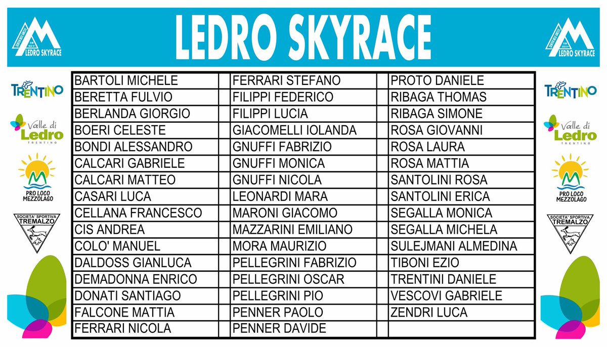 LedroSkyrace's tweet photo. Tutti i nomi dei #ledrensi che prenderanno parte alla #ledroskyrace! Tutti a sostenerli in Cima Parì il 12 giugno 🏃🏻 https://t.co/n4zOB3H928