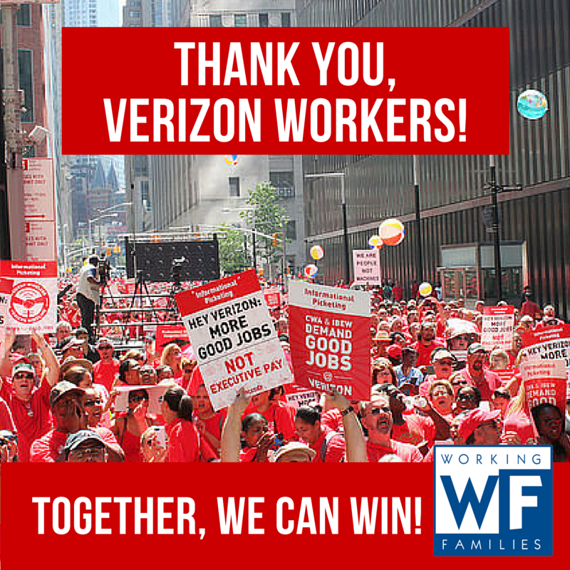 WorkingFamilies's tweet photo. Thanks to all the #VerizonStrike workers for fighting long and hard for good middle-class jobs for all of us! https://t.co/KlIN97z6Bc