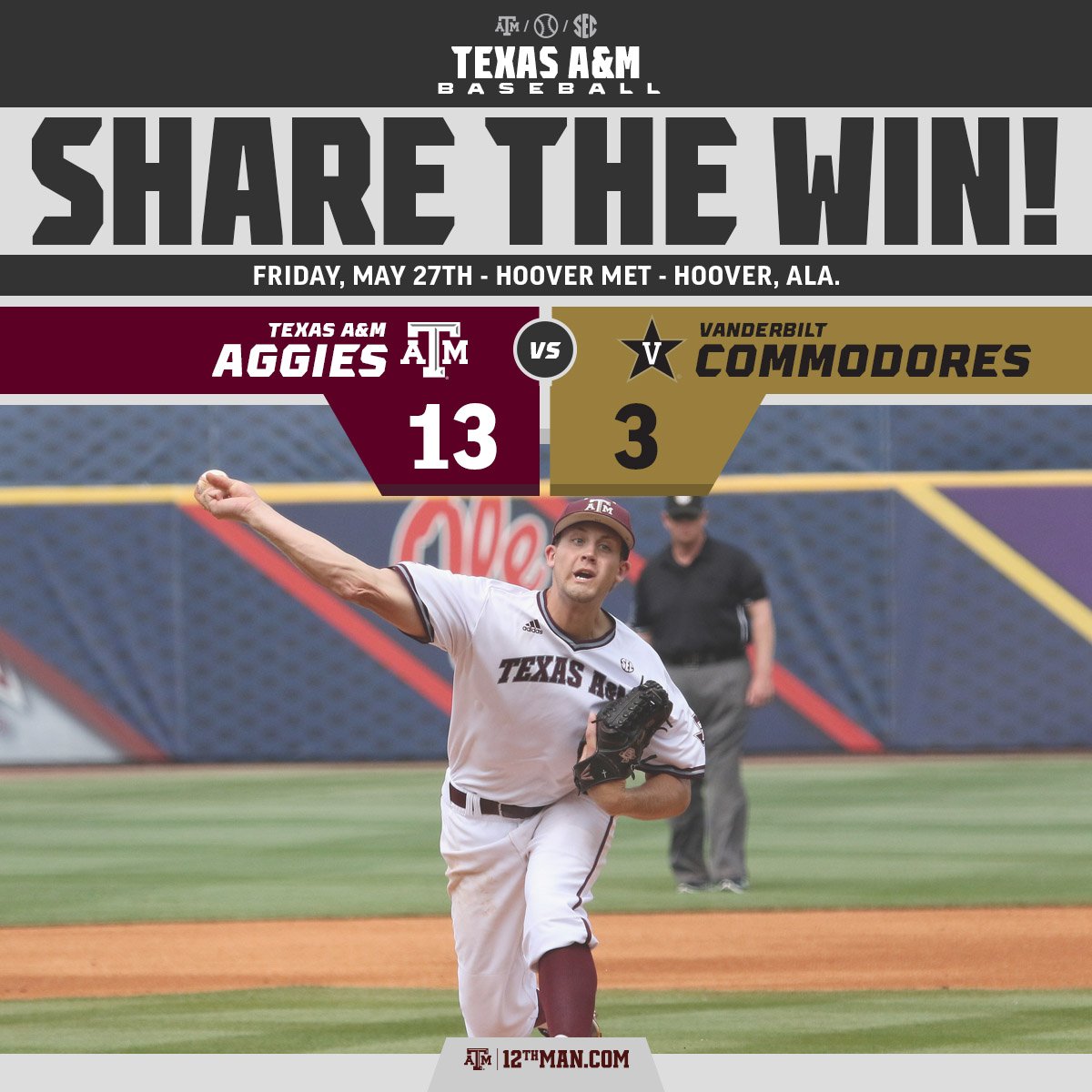 AggieBaseball's tweet photo. The Aggies pick up a big win over Vanderbilt &amp; advance to Saturday at the SEC Tournament! #RTtheWIN #12thMan https://t.co/78aHCbX1dT