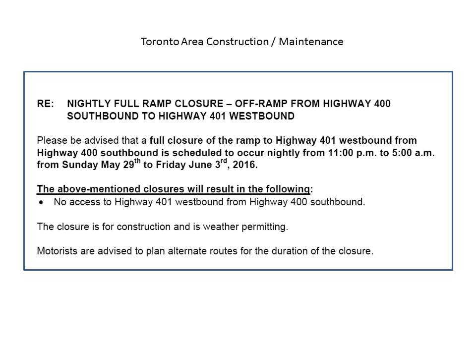 511Ontario's tweet photo. See attachment for full STC closure #Toronto area #construction and maintenance information. https://t.co/6gmih8Rq7P
