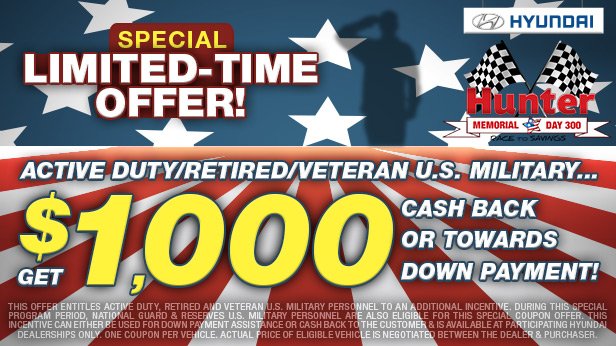 Huntermotive's tweet photo. Hunter Hyundai is doubling its military incentive to United States service men and women through #MemorialDay! https://t.co/7exWUix9jA
