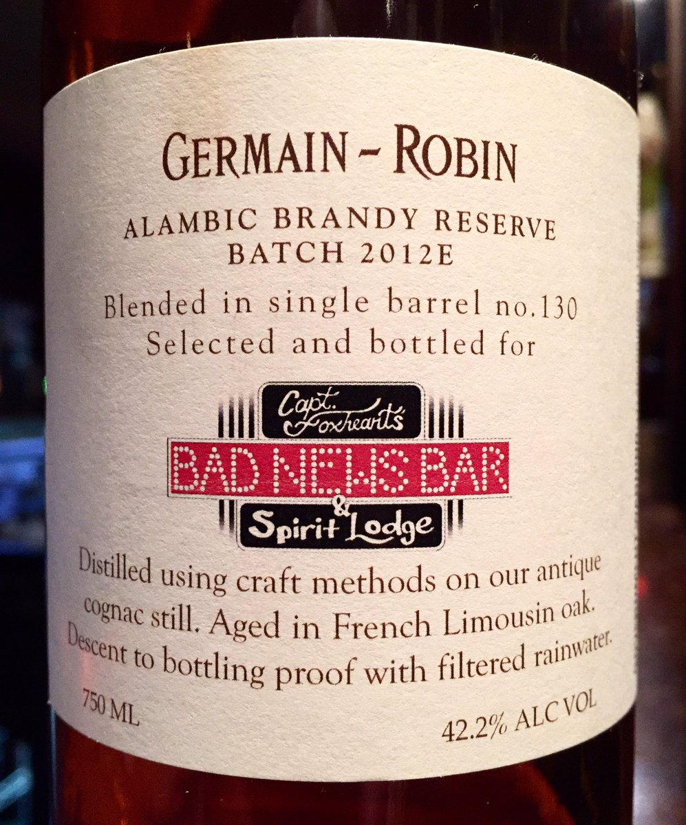 BadNewsBar's tweet photo. Don't know what to drink in the rain? Our barrel of Germain-Robin! #BadNewsBar #Brandy #2012E #singlebarrel https://t.co/dM1xyDVLeQ