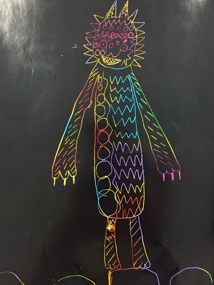 warrenschoolart's tweet photo. This week in art: K symmetrical butterflies, 1st scratch art Wild Things, and 2nd Solid/Liquid Lab. https://t.co/mkgMaRkYov
