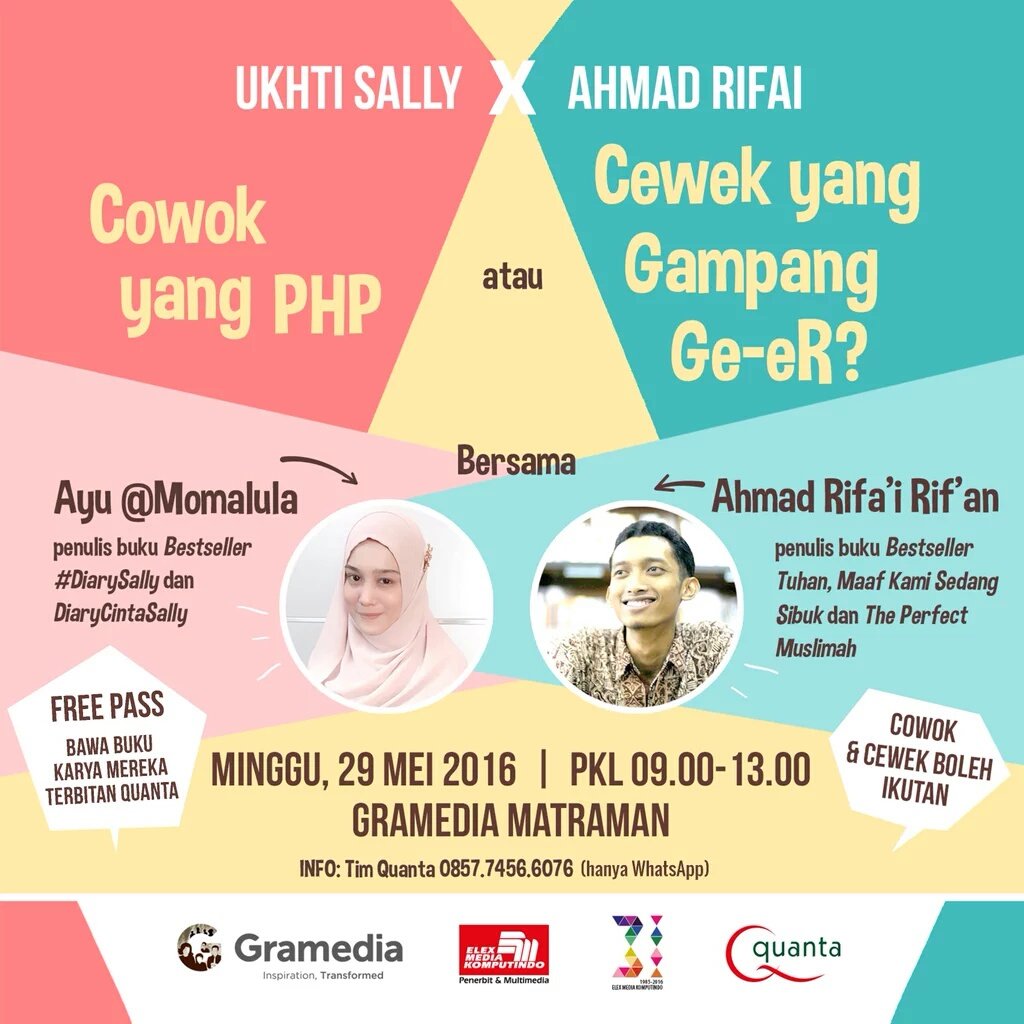 marrlinn's tweet photo. Besok di @gramediamatraman ngobrol seru bareng @ahmadrifairifan @momalula tentang jodoh 💕 https://t.co/1pDeR7jAYk