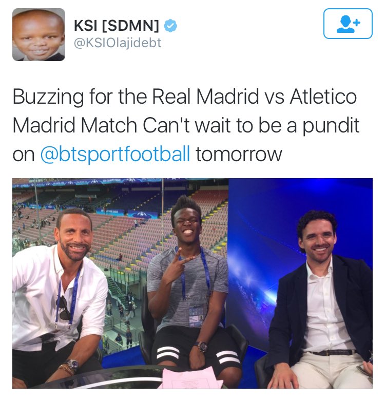 nikpostinger's tweet photo. YouTuber KSI, who basically plays FIFA all day, is now a pundit. BT actually managed to find someone worse than Owen https://t.co/zJ0ek5tdJO