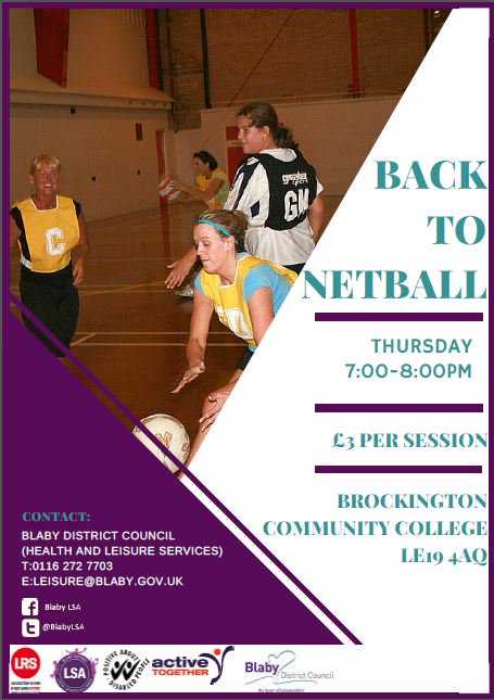 ActiveBlaby's tweet photo. #GetActive in our #BackToNetball sessions starting June 9 at @BrockingtonColl 
@Leics_Netball @EMNetball @BlabyDC https://t.co/7hQXGaOQG6