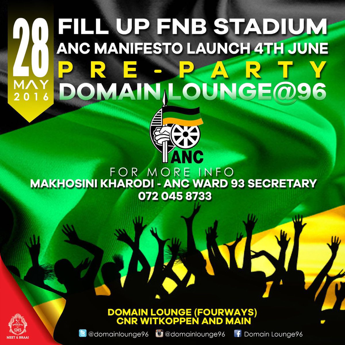 ANCJHB's tweet photo. After all the activities today...let's round off the Day at the #PreParty #DomainLounge #ReMmogoKoFNB https://t.co/6UTzT9RYLw