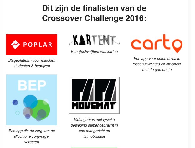XOverChallenge's tweet photo. Dit zijn de finalisten van de @CrossoverChallenge! @poplar_io @KarTent_ @jslingerland4 , Carto en Movemat! https://t.co/E4D5djTmJc