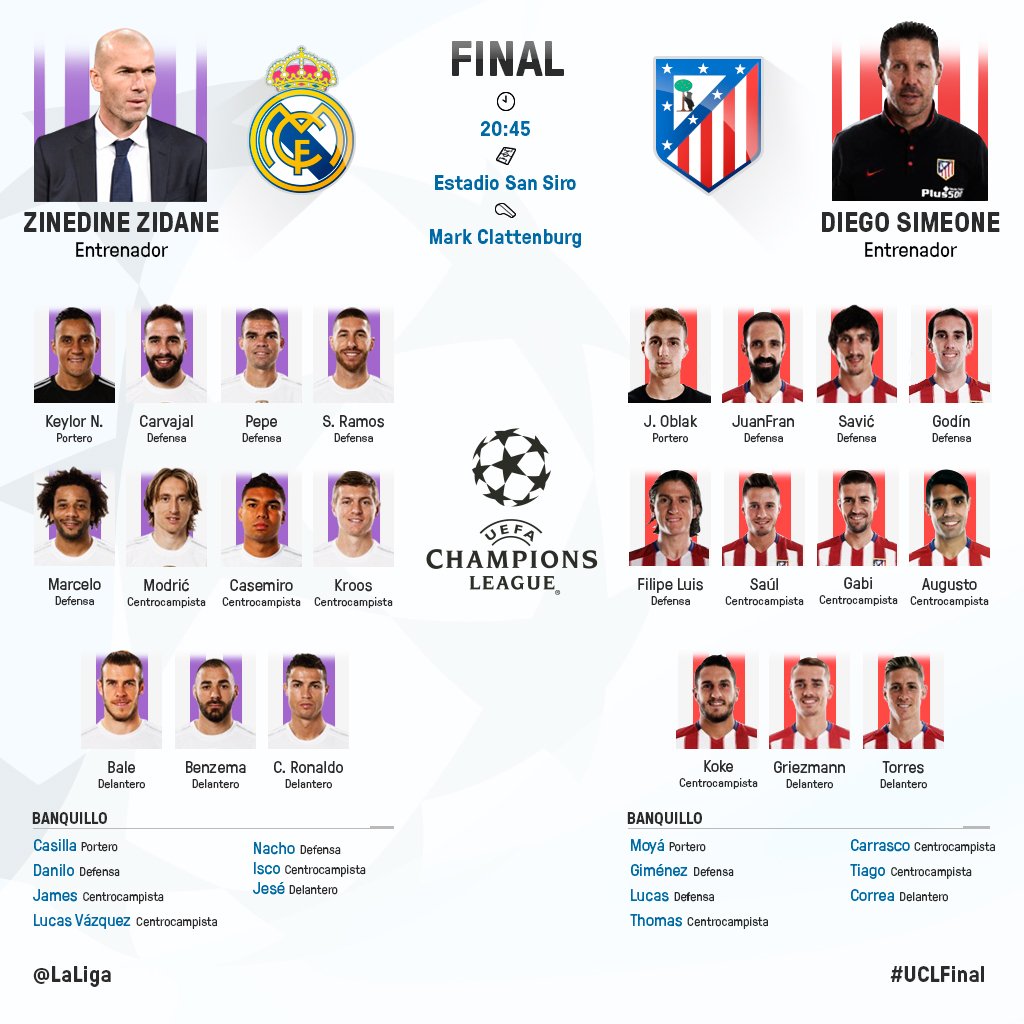 LaLiga's tweet photo. Los elegidos para la gloria.

¡Estos son los onces de @realmadrid y @Atleti para la #UCLFinal! 👇 https://t.co/I3X4WwTbme