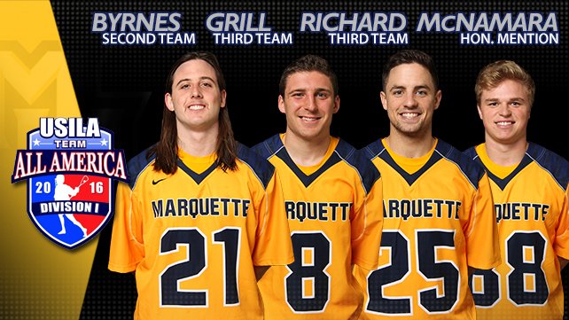 Liam Byrnes, B.J. Grill, Jacob Richard and Ryan McNamara all named <a href="/USILA_Lax/">USILA</a> All-Americans. go.mu.edu/1OTFtEG