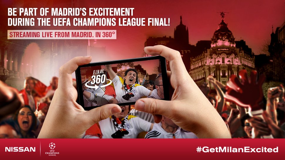 Streamaamme LIVE360°-videota #UCLfinal–ottelusta Madridista 20.45 alkaen bit.ly/25smy0s #GetMilanExcited