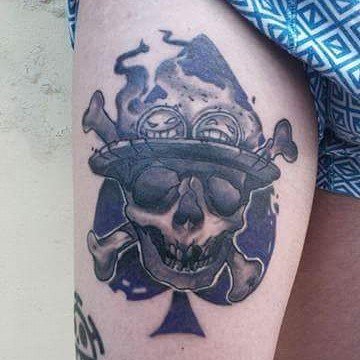 Dimitris Aposporis Skull Ace One Piece Tattoo Tattooing Purple Black Ink
