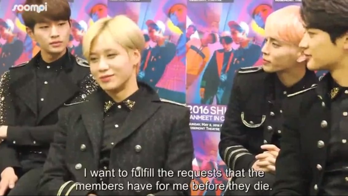 SHINeeSmiles's tweet photo. Q: What is one thing that is in your bucket list? 
J: Then you had to be the last one to die
T:"yes, I live well" 😂😂 https://t.co/48hHpRAWk9