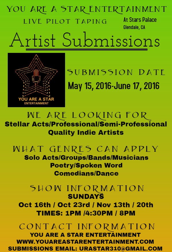 YouAreAStarEnt's tweet photo. #SeekingSubmissions #VarietyShow #PilotTaping #StarsPalace @AudioBloggers @DefJamRecords @BayAreaMusic @TheLABlog https://t.co/mCdk53YTFU