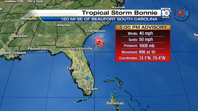 TD #2 becomes Tropical Storm Bonnie at 5pm. @TrentAricTV has the latest at 5pm, 6pm and 11pm tonight. https://t.co/NAOLFlkGKB