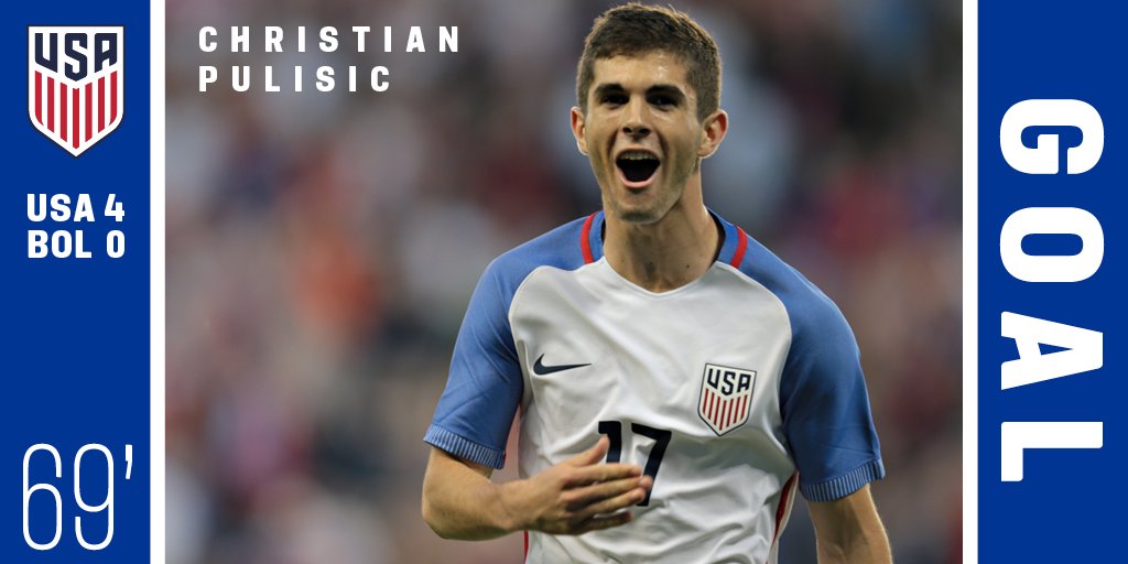 USMNT's tweet image. Congratulations to @cpulisic_10 on his first international goal at the young age of 17. #USAvBOL