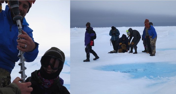 Sea ice experts measuring conditions near Pt Barrow, AK, at #seaicecamp2016