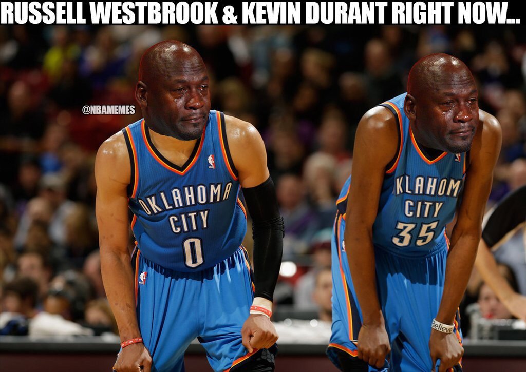 av8torboyz's tweet photo. KD and Russ right now. 😭😭#damnokc #game7 #GSWvsOKC #WARRIORSvTHUNDER https://t.co/lGsET1n0TB