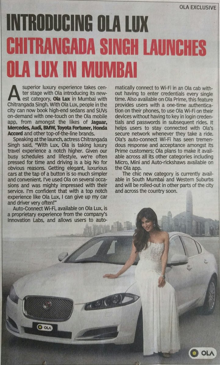 .<a href="/IChitrangda/">Chitrangda Singh</a> launches #OlaLux in #Mumbai. A #Globosport deal. <a href="/Olacabs/">Ola</a>