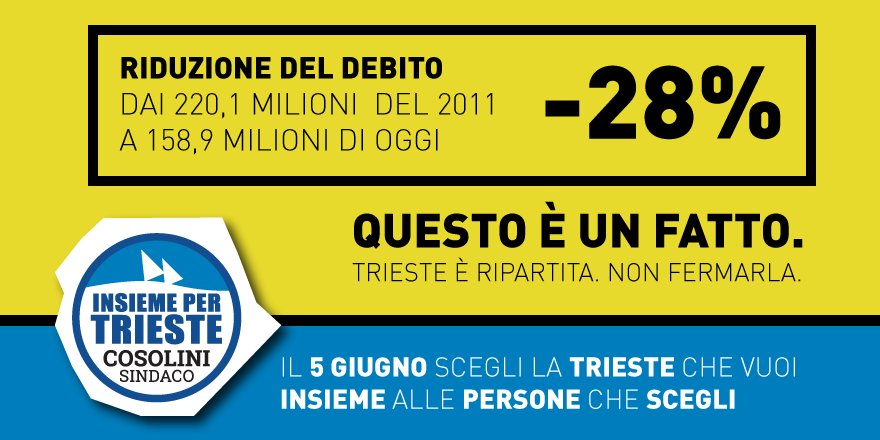 insiemeperTS's tweet photo. A #Trieste dal 2011 ad oggi si è ridotto il #debito del 28%. #AvantiTutta #Cosolinisindaco #insiemeXTS #nonfermateci https://t.co/ZFd4CaQkN3